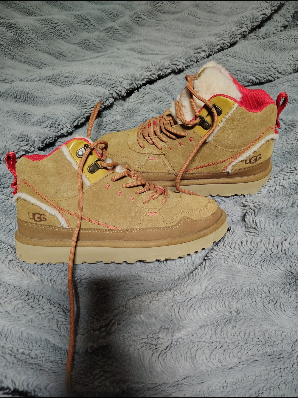 UGG Tan Suede Lace-Up Shearling Ankle Boots with Coral Accents